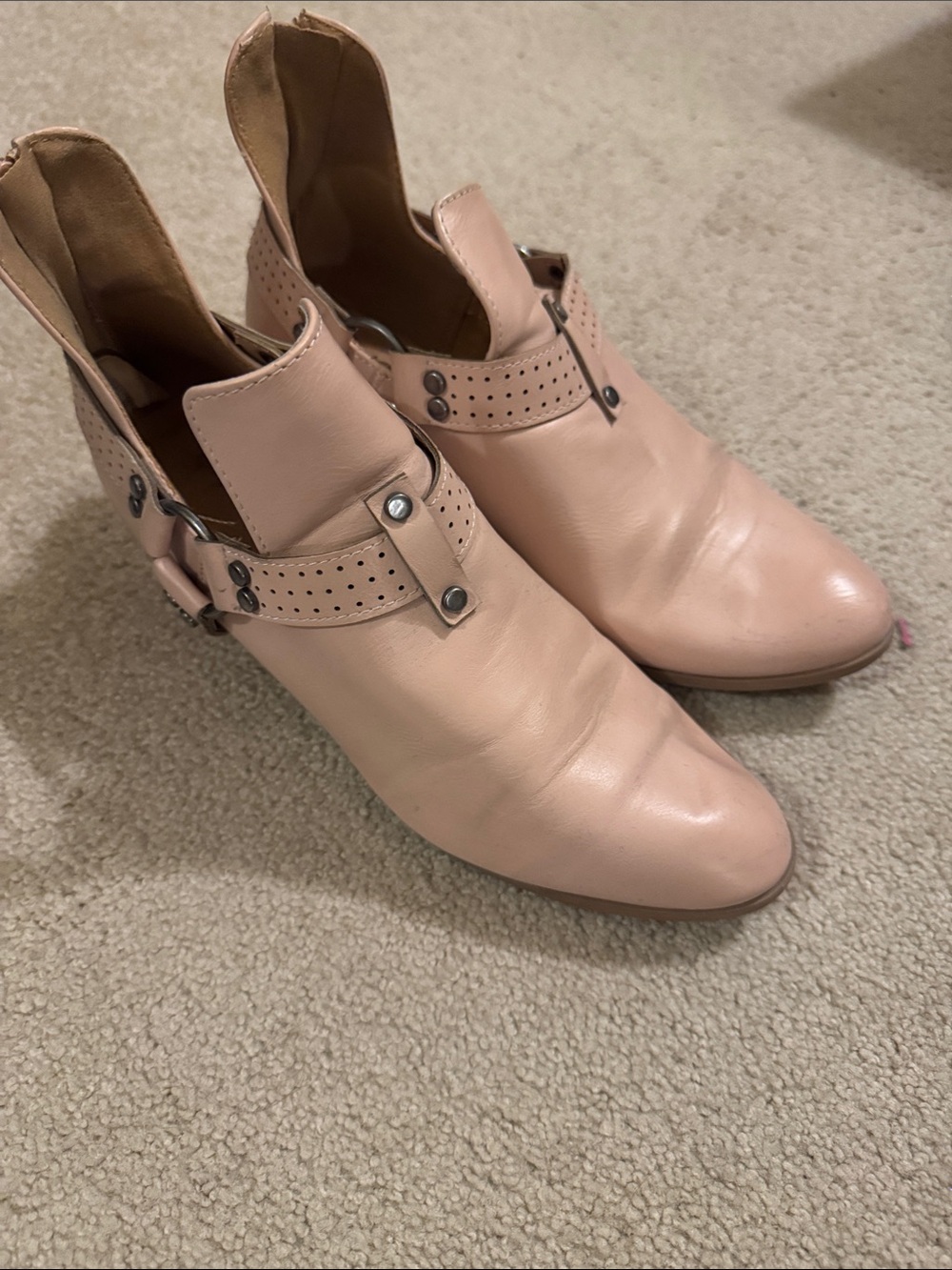 Qupid Blush Pink Leather Ankle Booties with Perforated Strap